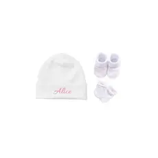 ​Kit Recém Nascido Personalizado Com Nome Touca Luva Pantufa Bebê Maternidade Enxoval DTF Premium Luxo
