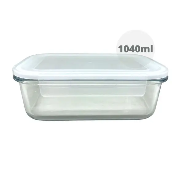 Pote para Alimentos de Vidro Retangular e Tampa Branca 1040 ML