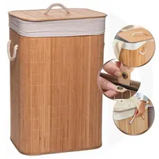 Cesto De Roupa Suja Bambu Dobravel Organizador com Forro para Lavanderia Banheiro 60 a 70 litros