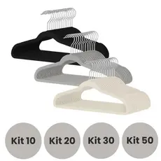 Kit de Cabide Veludo 10/20/30/50 Adulto Para Roupas Resistente Antideslizante Rotação 360° Slim Preto Cinza e Bege