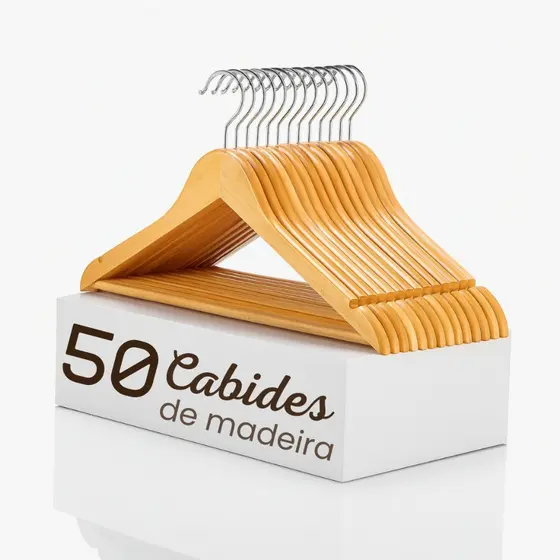 Kit 10/20/30/50 Cabide De Madeira Marfim Para Roupas Calça Gancho Cromado