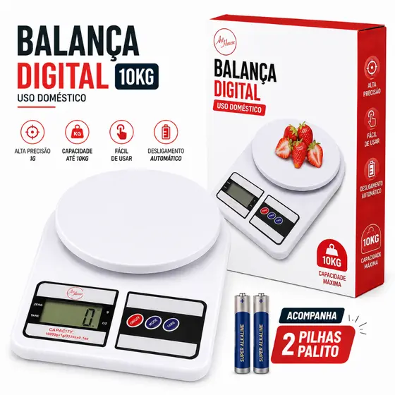 Balança Cozinha Digital 10kg Com pilhas/Sem pilhas / 2Uni Alta Precisão Branco Confeitaria Fitness