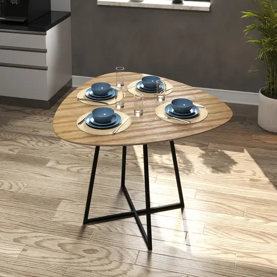 Mesa Orgânica de Cozinha e Sala de Jantar Estilo Sofisticado Industrial Moderno Modelo Palheta Oval Metal e Madeira
