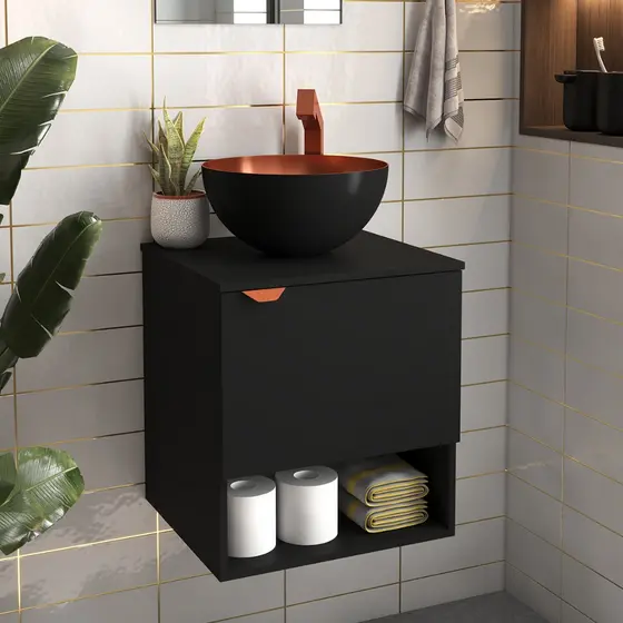 Gabinete Suspenso De Banheiro Preto Com Cobre C/ Cuba e Nicho Estilo Industrial Mod: Tex Industrial Armário Nórdico Top