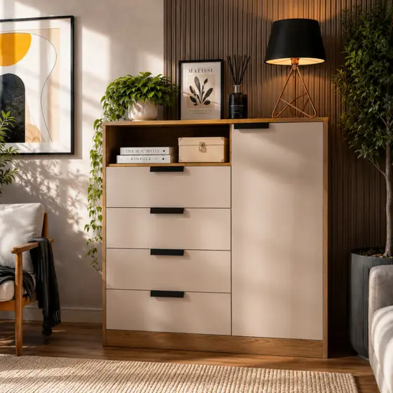 Cômoda Industrial 4 Gavetas P/ Quarto Design Moderno Adulto Sapateira Off White Madeirado Espaçosa Cinza Mod: Laio