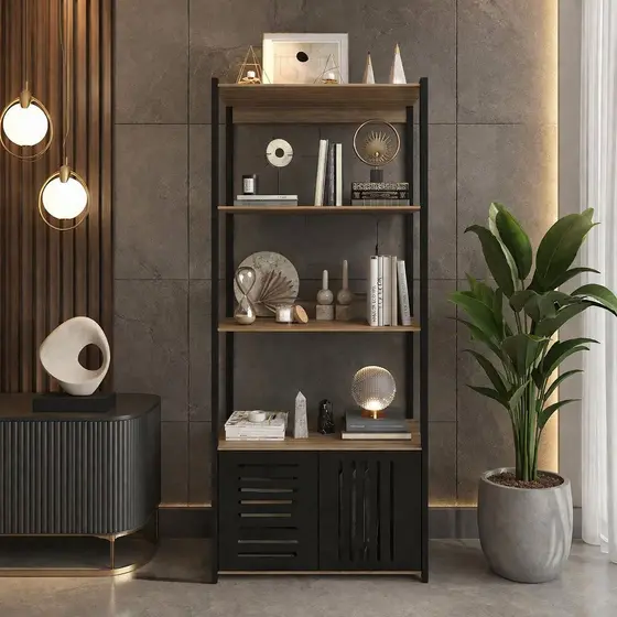Estante Industrial Lâmina Com Preto com Portas Vazadas Multiuso para Livros, Decoração e Organização Sala/Escritório