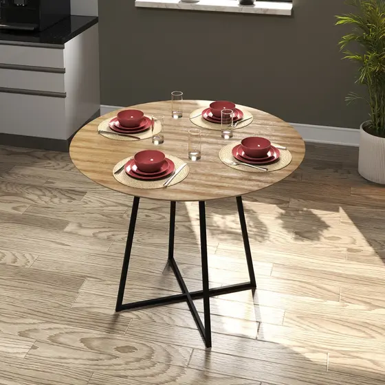 Mesa Redonda 90x90 Para Sala De Jantar Compacta Estilo Industrial Moderna Acabamento Lâmina Preto Mod: Stati