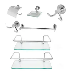 2 Porta Shampo Reto + Kit de Acessórios para Banheiro Saboneteira Quadrada de Vidro