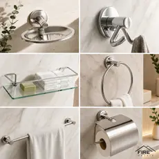 Kit 6 peças Acessorios para Banheiro em Inox Aluminio Porta Shampoo de Vidro Reto