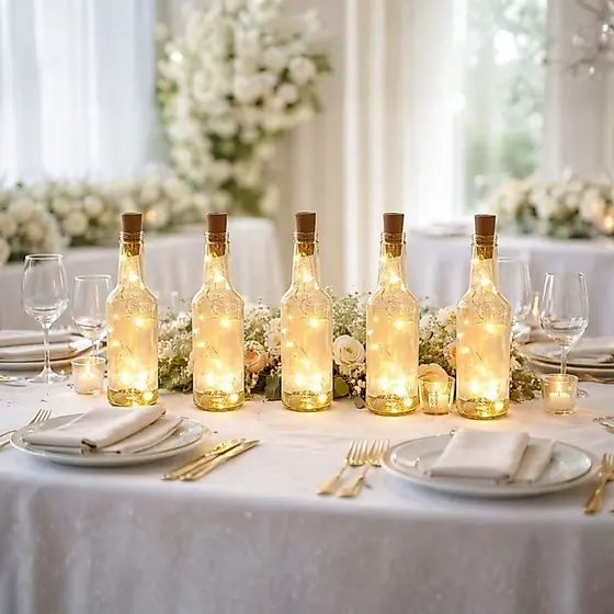 Decoração Cento de Mesa Lembrancinha de Casamento Aniversário Eventos 5 Garrafas LED