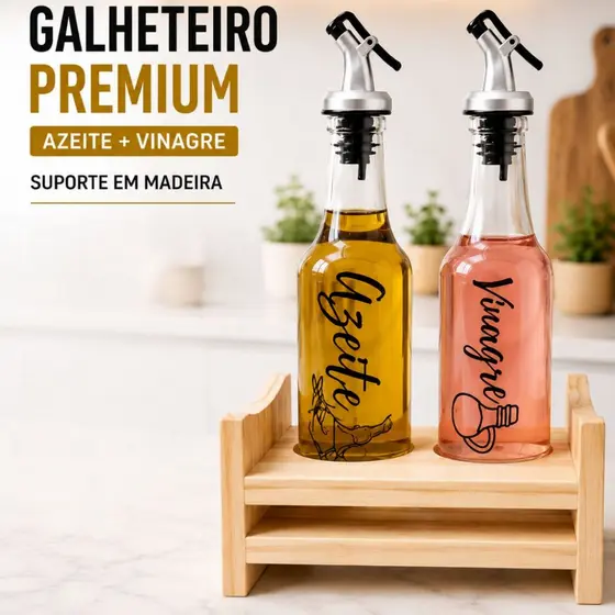 Galheteiro Porta Azeite E Vinagre Com Suporte De Madeira Garrafas De Vidro Com Dosador Gourmet