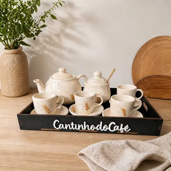 Kit Café Completo Cerâmica Bandeja Cantinho do Café Xícaras Bule Açucareiro