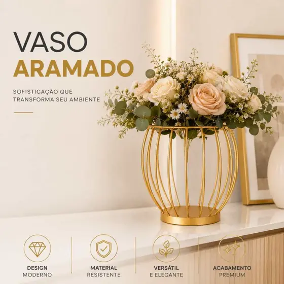 Vaso Aramado Dourado Decorativo Luxo Para Flores Mesa e Aparador