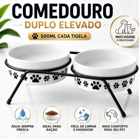 Comedouro Pet Duplo Elevado de Porcelana 500ml com Suporte de Metal para Cães e Gatos