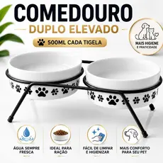 Comedouro Pet Duplo Elevado de Porcelana 500ml com Suporte de Metal para Cães e Gatos