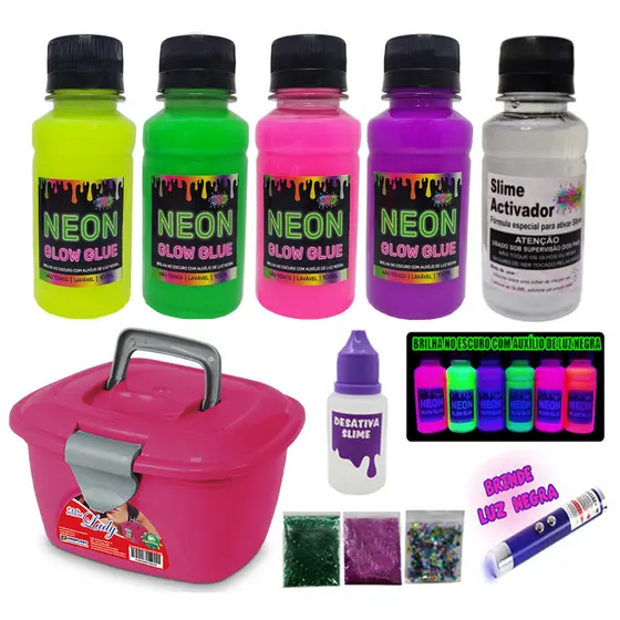 Kit Fazer Slime Colas Neon Maleta E Luz Negra + Maletinha Top Ine Slime