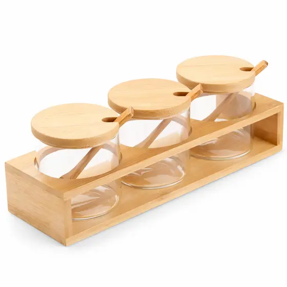 Kit 3 potes de vidro 300ml com tampa, colher e suporte de bambu