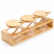 Kit 3 potes de vidro 300ml com tampa, colher e suporte de bambu