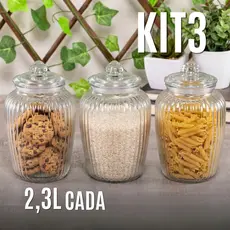 Conjunto 3 Unidades Potes de Vidro Hermético Grande 2100ml Com Tampa Decorado Luxuoso Chique