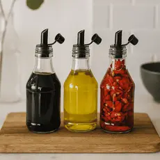 3 Garrafas Pote Frascos Vidro 200ml Bico Dosador Pimenta Azeite Vinagre Shoyo Galheteiro