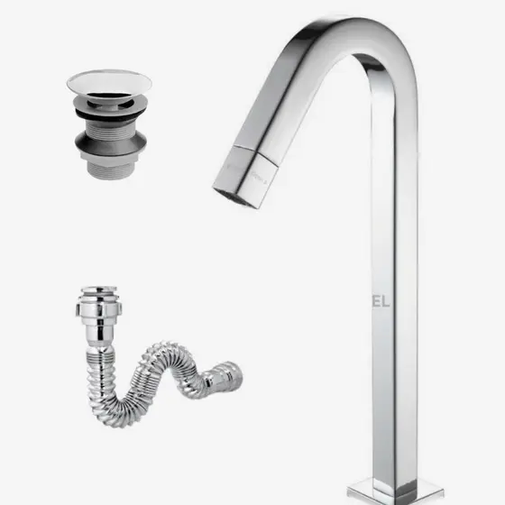 Kit Metais: Torneira Alta Inox Premium Válvula Click e Sifão