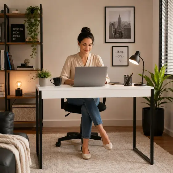 Mesa Escrivaninha Gamer e Home Office 110cm Estilo Industrial com Prateleira em Aço e MDF