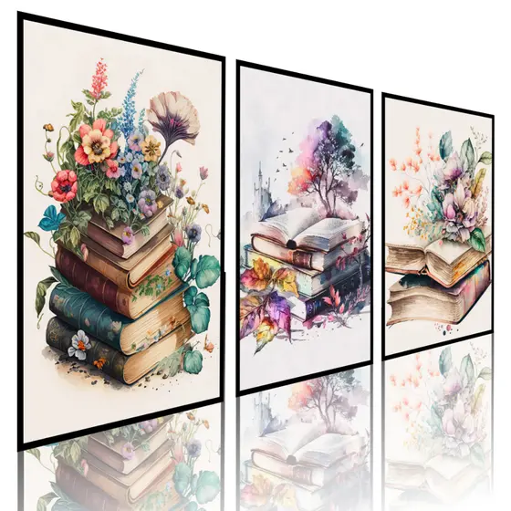 Kit 3  Quadros Estudo Livros Floral Arte Abstrata