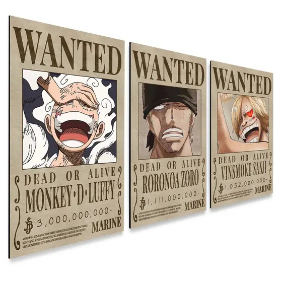 kit 3 Quadros Decorativos Procurados One Piece, Luffy, Sanji e Zoro