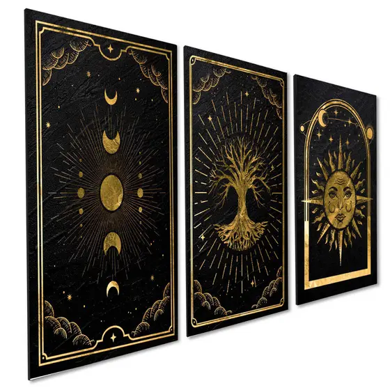 Kit 3 Quadros Decorativos Astrologia Árvore Sol Lua Equilíbrio