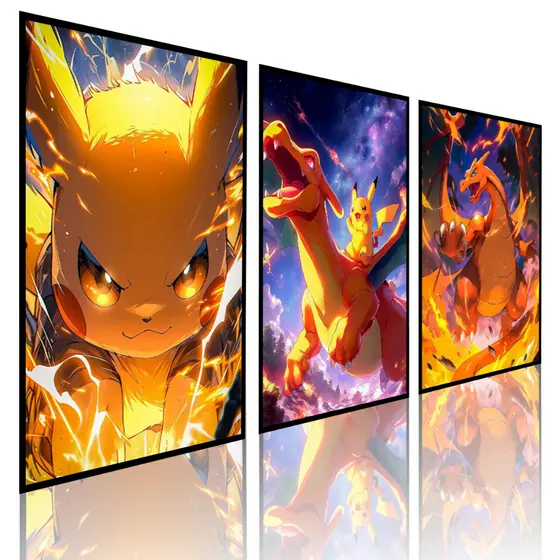 Conjunto de 3 Quadros Decorativos  Charizard  Pikachu Pokémon  Quarto Infantil Geek