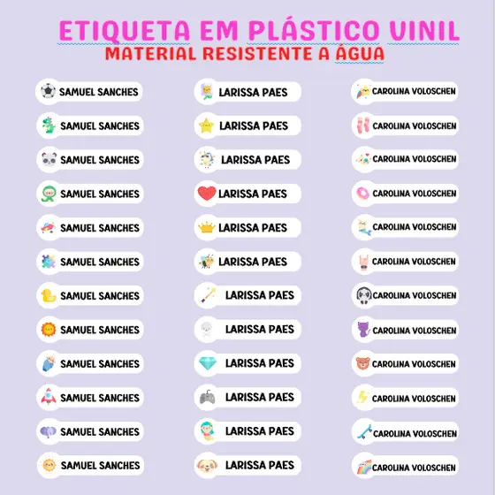 Kit 50/100 Etiquetas Adesivas Escolares  com Nome de Bebê Criança Vinil Adesivos Personalizada