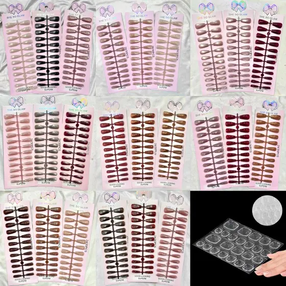 KIT 24 Unha Postiça Olho De Gato bailarina/amendoada almond decorada Com cola adesivo Pronta Entrega