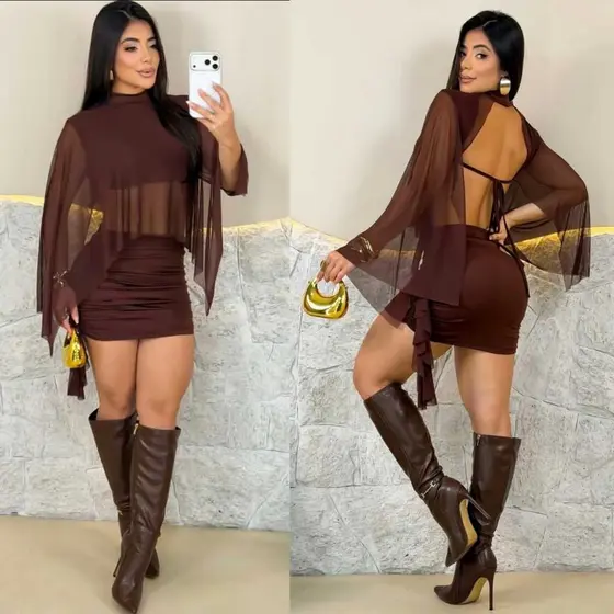 Conjunto Feminino Mini Saia e Top Cropped em Tule - Conjunto Balada Luxo - Look Festa Noite/ Look Show Noite