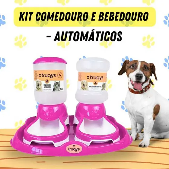 Kit Comedouro Automático Cães Bebedouro 2L Bandeja Truqys Cachorro Gato
