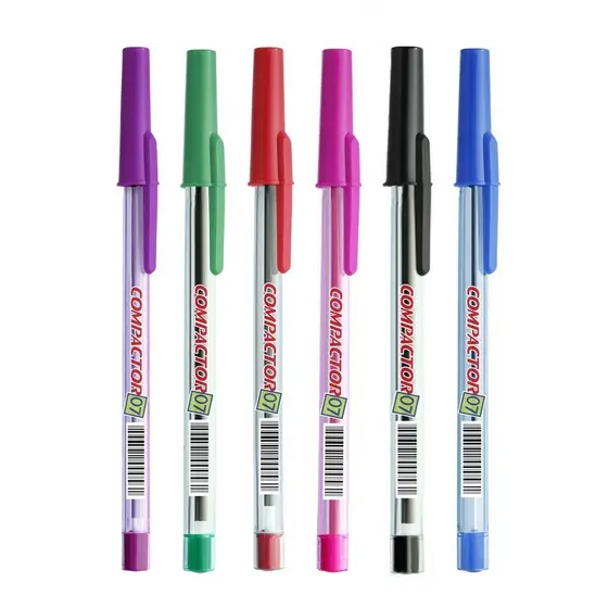 Kit Caneta Compactor Escrita Fina 0.7mm Ponta Fina Colorida Corpo Transparente Azul Preta Vermelha Verde Rosa