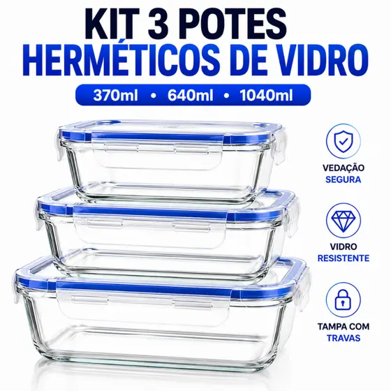 Kit 3 Potes De Vidro Herméticos Resistente Travas Marmita Alta Vedação Retangular 1040ML 640ML 370ML