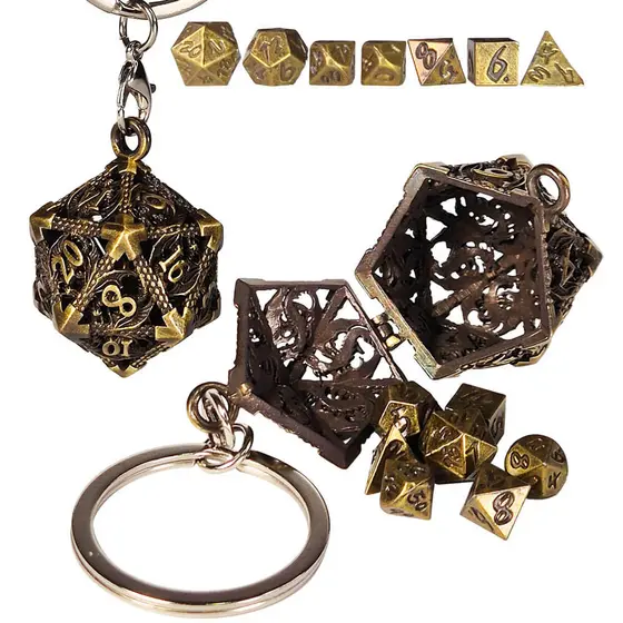 Chaveiro Dado D20 com Mini Dados RPG Oco de Metal Acessório Geek D&D