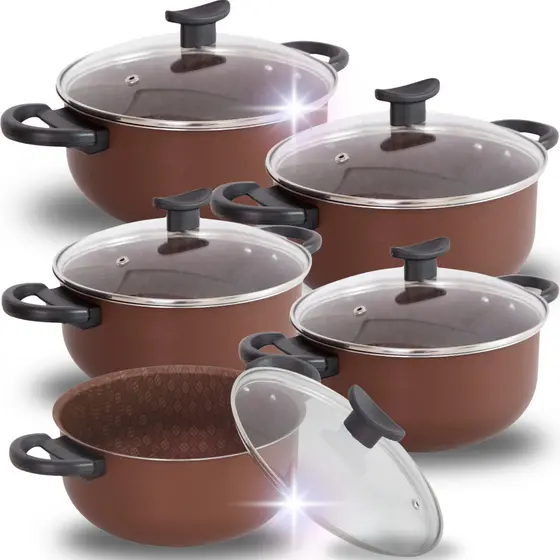Jogo de Panelas Caçarolas 5 Peças Chocolate Antiaderente Teflon Panelas Grande