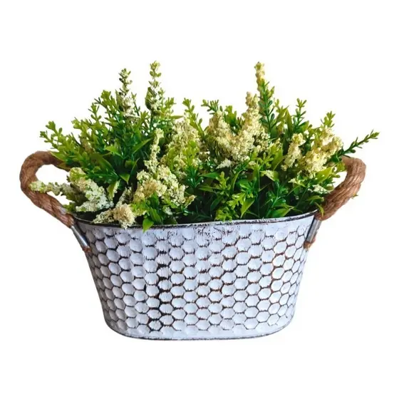 Vaso Cachepô de Alumínio com Alça de Corda e Planta Artificial Decorativa 20cm