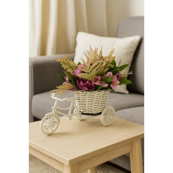 Vasinho De Bicicleta Decorativa Enfente + Flores Artificiais