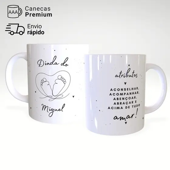 Caneca Dinda ou Dindo Presente Madrinha Padrinho Batizado Cerâmica a325ml – JURO