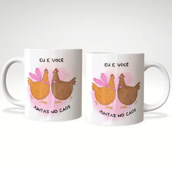 Caneca Amizade Engraçada Criativa Presente Amigas Galinha Fofoqueira Juntas no Caos 325ml