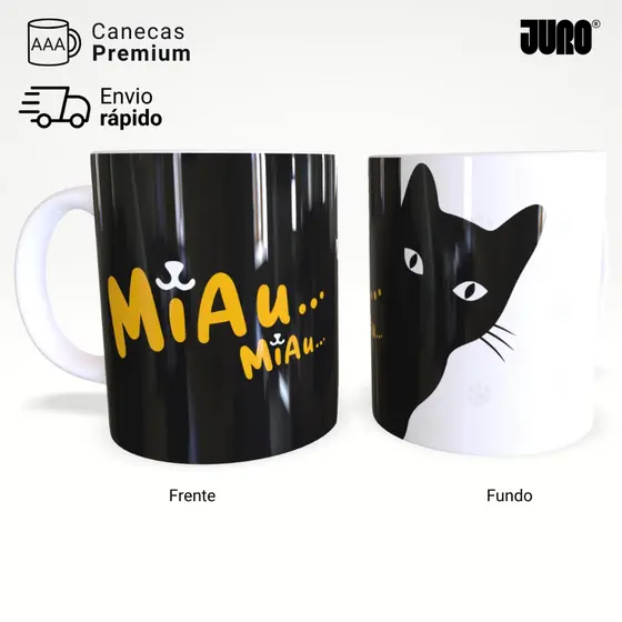 Caneca Gato Miau Engraçada Preta e Branca Pet Criativa 325ml JURO