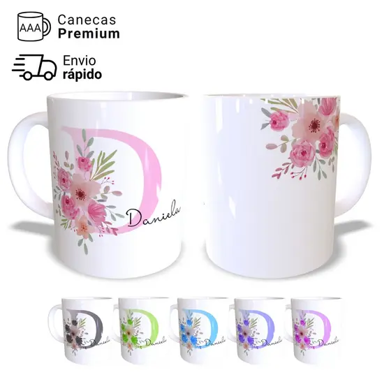 Caneca Porcelana Premium 325ml Personalizada com Nome e Inicial Floral – JURO