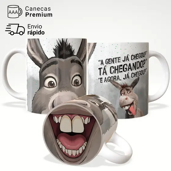Caneca Shrek Burro Fiona "Já Chegou?" Divertida com Bocão Surpresa Presente Criativo Premium JURO