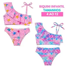 Conjunto Biquíni Infantil 4 ao 12 Sereia Menina Moda Praia Piscina Manga Nula Um Ombro