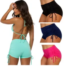 Calcinha Sunquíni Biquíni Shorts Cordinha Praia Verão Cintura Cós Alto em Suplex Academia Treino Fitness Franzido Curto