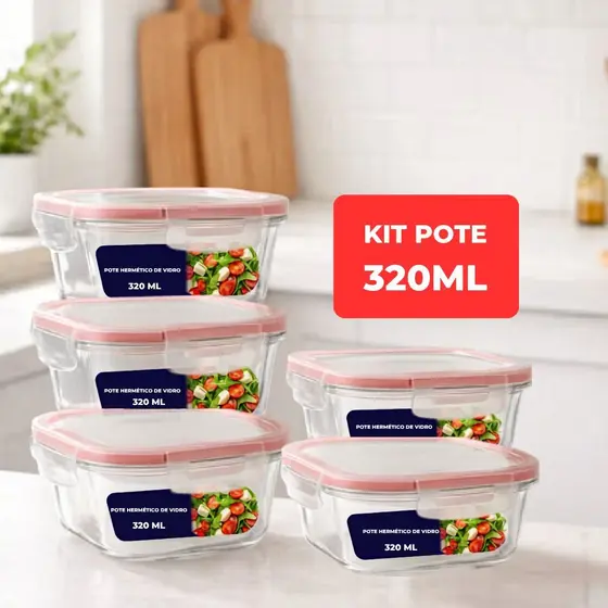 Kit 5 ou 10 Potes Vidro Herméticos 320ml Vidro Empilháveis Quadrado Resistente Cozinha Premium