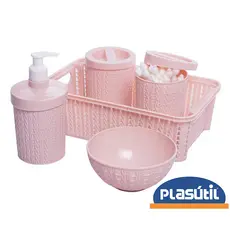 Kit 5 Peças Higiene Plasútil para Bebê C/ Cestinha Organizadora Enxoval - textura em trama