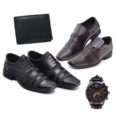 Kit 2 Pares Sapato Social Masculino Fosco + Relógio e Carteira